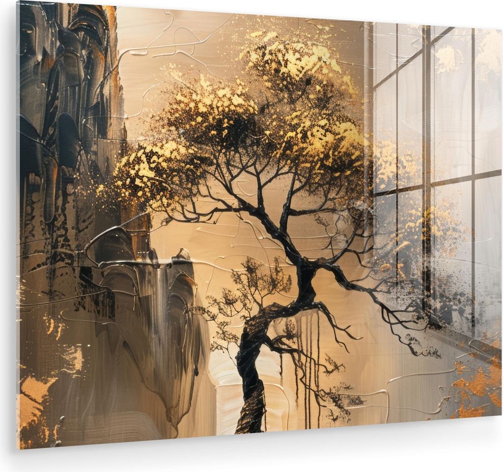 MuchoWow Glasbilder - Bilder auf Wandbild - Foto auf Glas Baum - Gold - Landschaft - Farbe 80x60 cm Wanddekoration aus Glas - Acrylglasbild - Acryl...