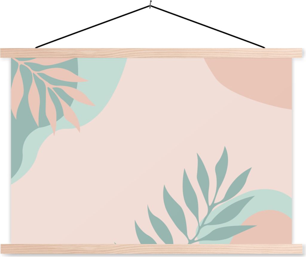 MuchoWow Textilposter Sommer - Blätter - Rosa - Türkis 120x80 cm mit holzfarbenen Rahmen - Aufhängeset