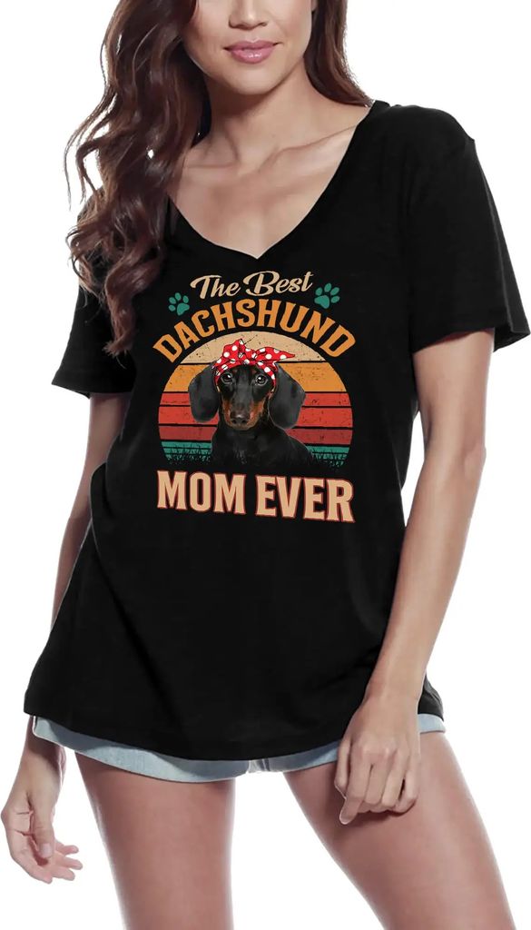 Damen Grafik T-Shirt V-Ausschnitt Die beste Dackelmama aller Zeiten - Retro-Sonnenuntergang Mutter Hundeliebhaberin – The Best Dachshund Mom Ever