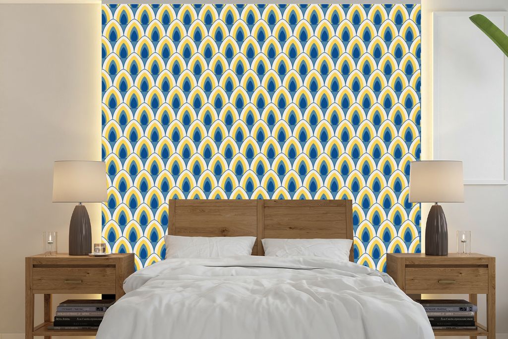 MuchoWow Fototapete für Wohnzimmer oder Schlafzimmer Wandtapete Vinyl Motivtapete Design - Muster - Retro - Gelb - Blau - 300x300 cm - Wanddekor...