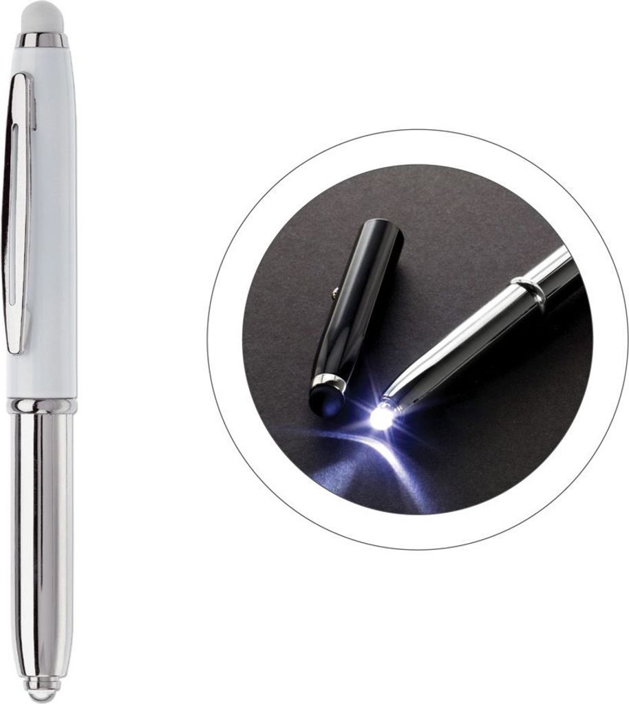 Touchpen Kugelschreiber / mit LED Licht / Farbe: silber/weiß mit weißen Stylus