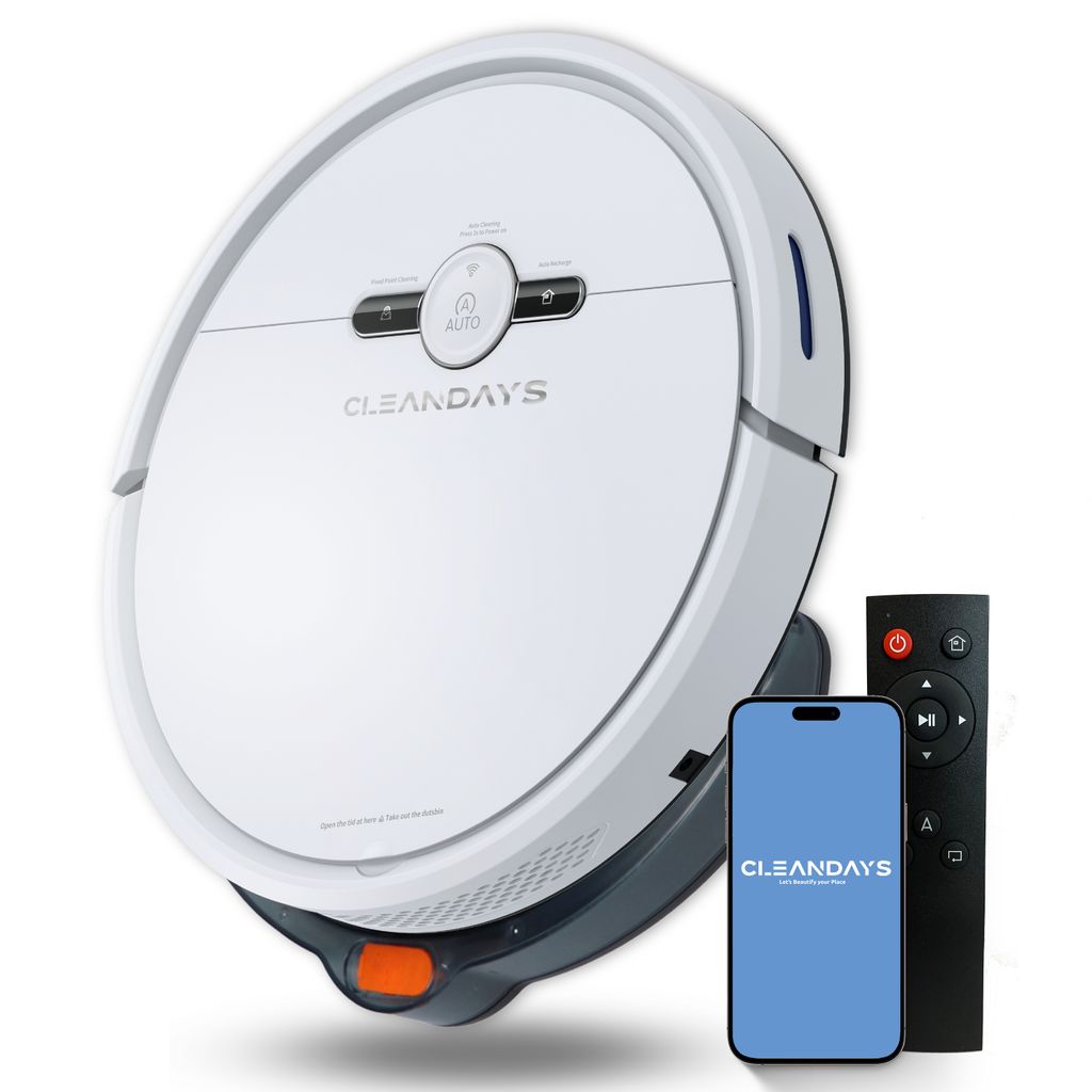 CleanDays D2-001 - Staubsauger Roboter - Robot Vacuum Cleaner with Mop - mit Wischfunktion - mit Ladestation - Robotic Saugroboter - 3 in 1 - Weiß