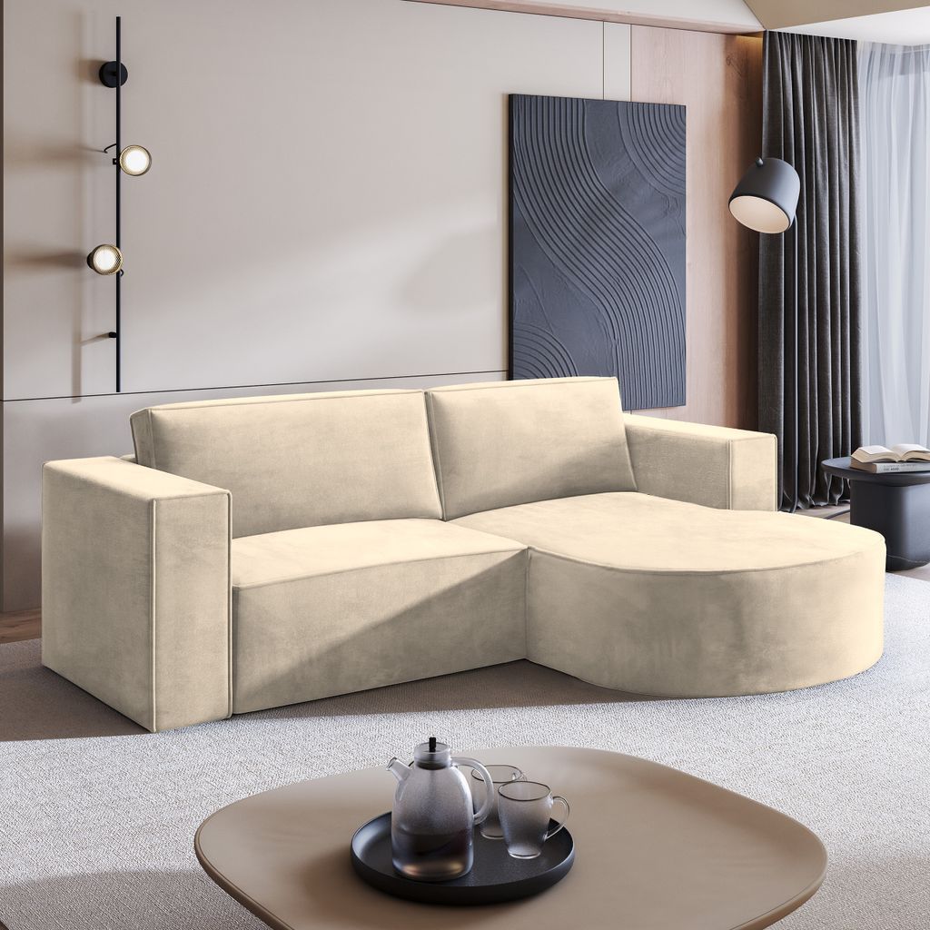 Masseno Ecksofa SORELA M R-S mit Schlaffunktion L-Form, Sofa mit Bettkasten, Wohnzimmersofa, Couch, Soffa, Bettsofa, Couchgarnitur- Creme, MONOLITH 04