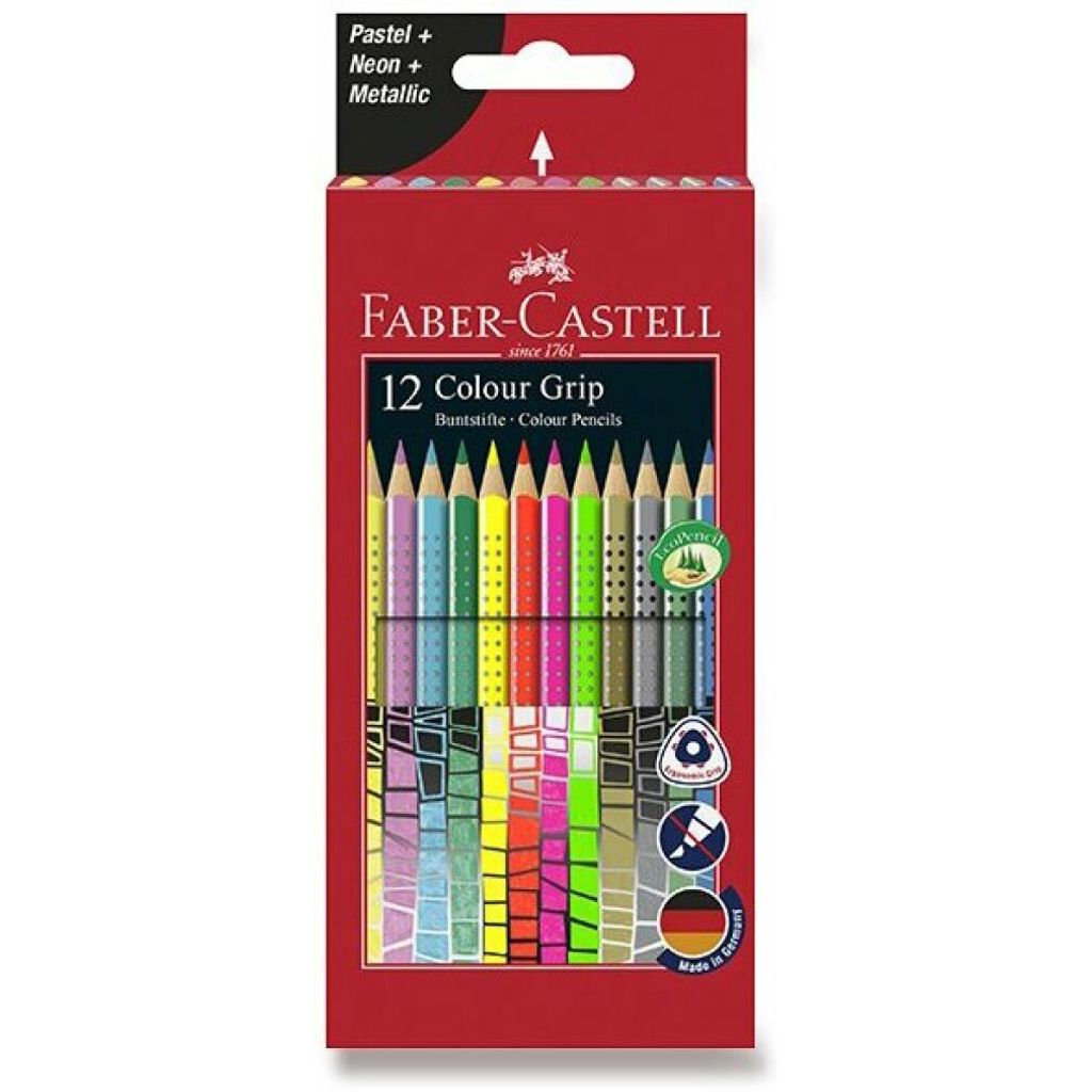 A box of Faber-Castell 12 Colour Grip colored pencils.