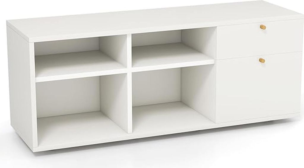 Wohnzimmerschrank, moderner TV-Ständer für 49-Zoll-Fernseher mit 4 offenen Fächern & 2 Schubladen, platzsparender Medienkonsolentisch, weiß