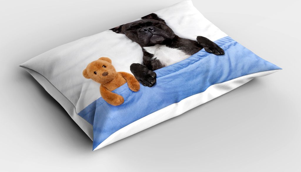 ABAKUHAUS Tier Kopfkissenbezug, Französische Bulldogge, die mit Teddybären im gemütlichen Bett-besten Freund-Spaß schläft, träumen Bild, 40x8...