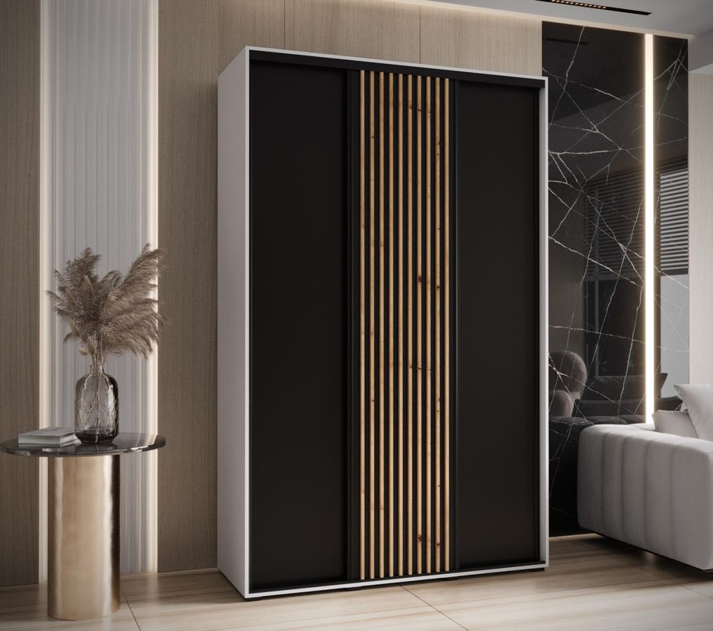 Kleiderschrank BAYLIN 1 – 150/45 cm, weiß/schwarz/Eiche handwerklich gefertigt