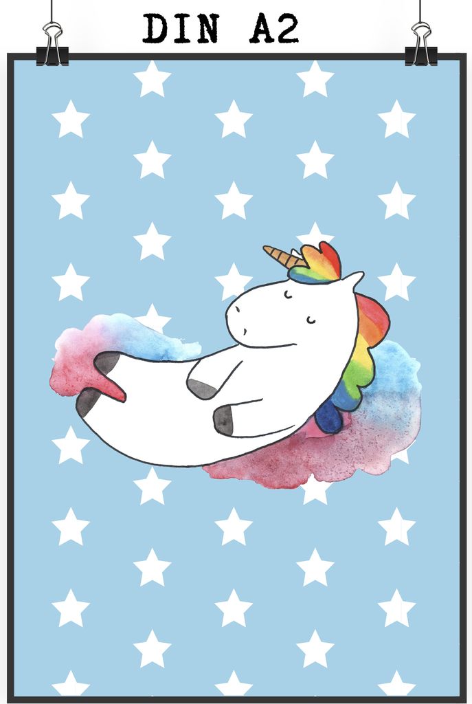 Mr. & Mrs. Panda Bild Einhorn Wolke 7 DIN A2 - Blau Pastell - Geschenk, Lustig, Wandbild, Posterdruck, Einhörner, drucke, Unicorn, wanddeko, Mensc...