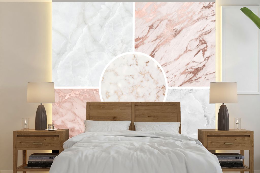 MuchoWow Fototapete für Wohnzimmer oder Schlafzimmer Wandtapete Vinyl Motivtapete Marmor - Rosa - Weiß - 350x350 cm - Schlafzimmertapete