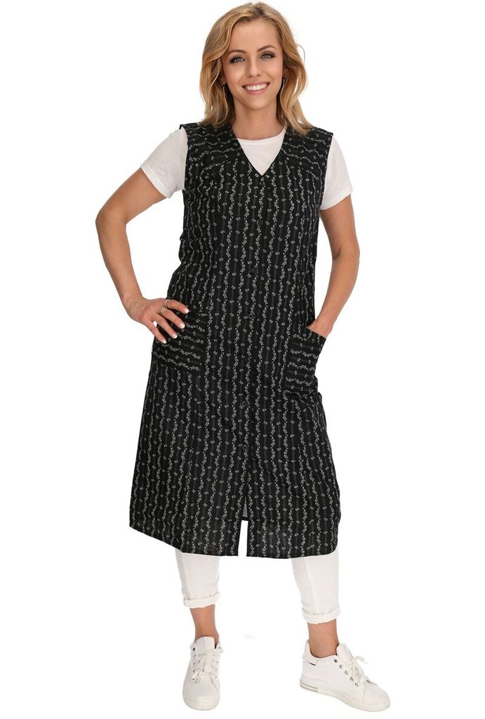 Knopfkittel Baumwolle bunt Kochschürze Hauskleid Kittel Schürze ohne Arm, Farbe:schwarz, Größe:54