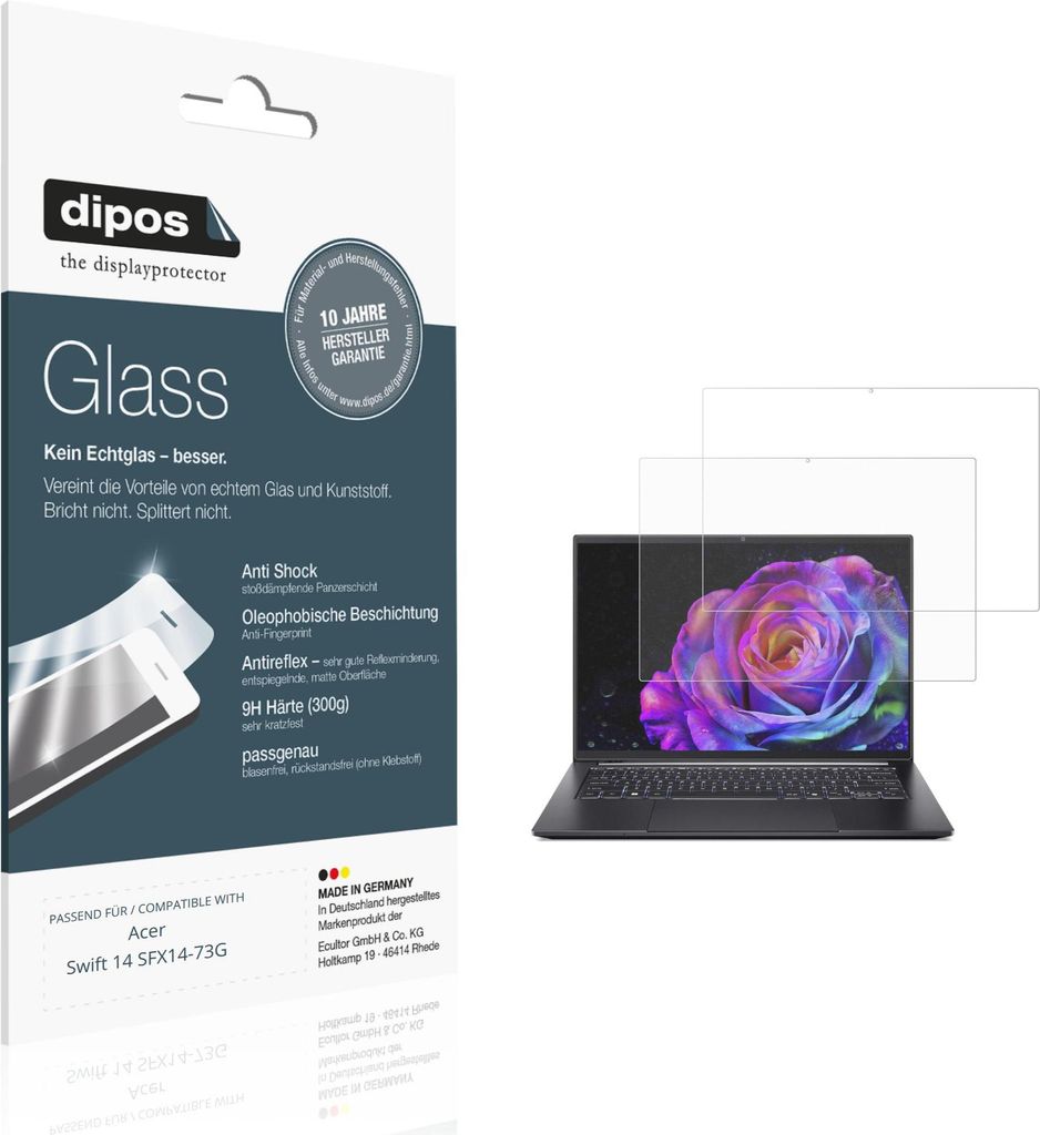 2x Schutzfolie für Acer Swift 14 SFX14-73G matt - Anti-Shock 9H Folie dipos Glass Kunststoffglas
