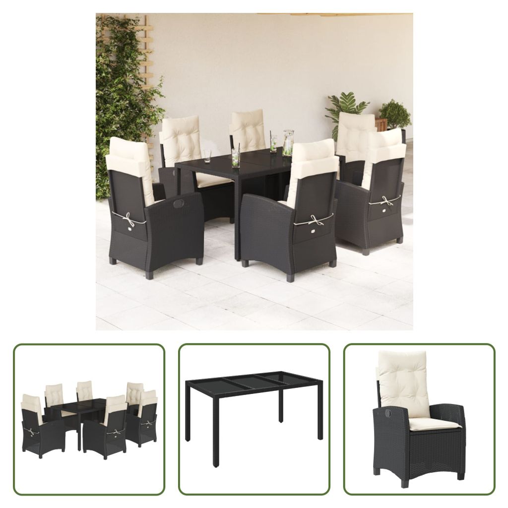 The Living Store 7-tlg. Garten-Essgruppe mit Kissen Schwarz Poly Rattan