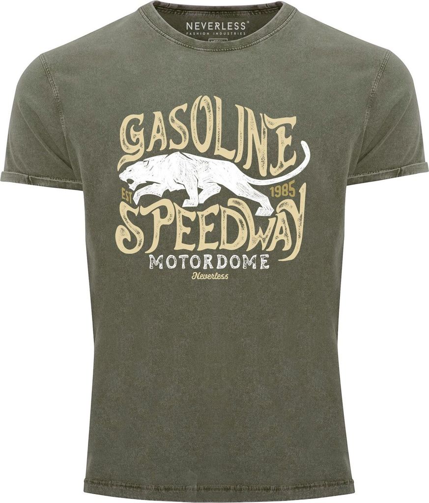 Neverless Herren T-Shirt Vintage Shirt Printshirt Gasoline Speedway Panther Motiv Used Look Slim Fit oliv M