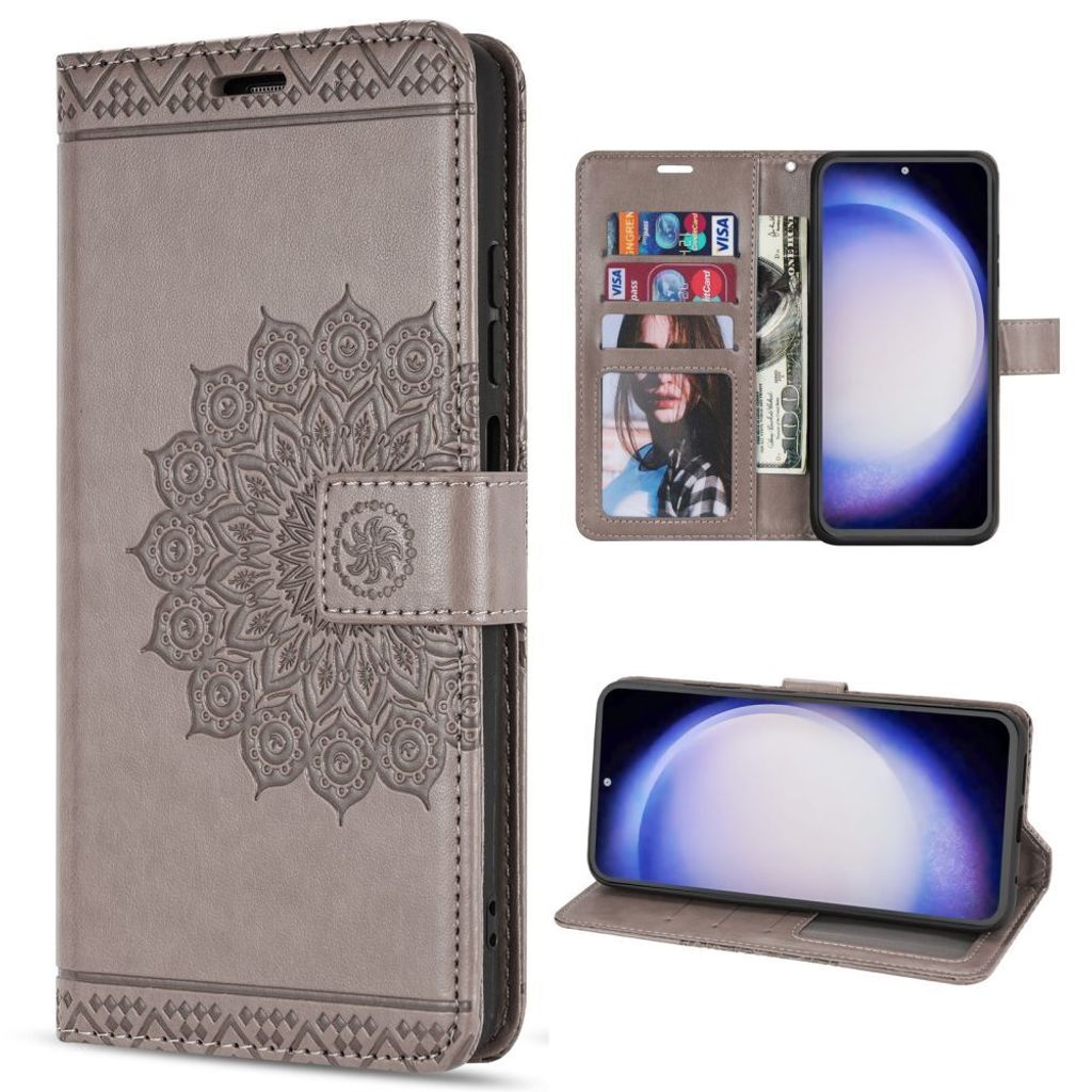 Hülle für Samsung Galaxy S23 FE Handy Tasche Case Schale Flip Cover Handyhülle Mandala Grau