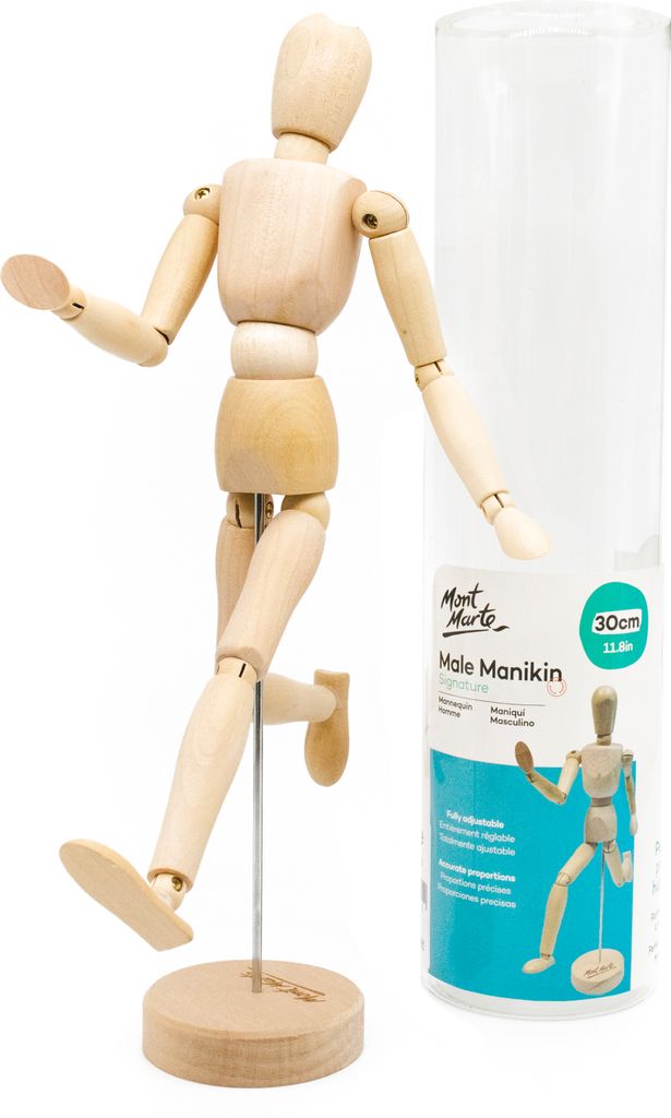 Mont Marte Biegepuppe Mannequin/ Gliederpuppe aus Holz - 30cm hoch - beweglich & sicherer Standfuss