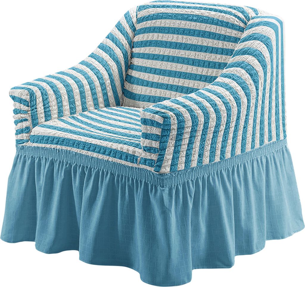 Stretch Sofabezug Sofa Sitzkissenbezug Plissee Rüschenrock Sofaüberzug europäischer Stil Sesselüberzug(1-Sitzer,Gestreift Blau )