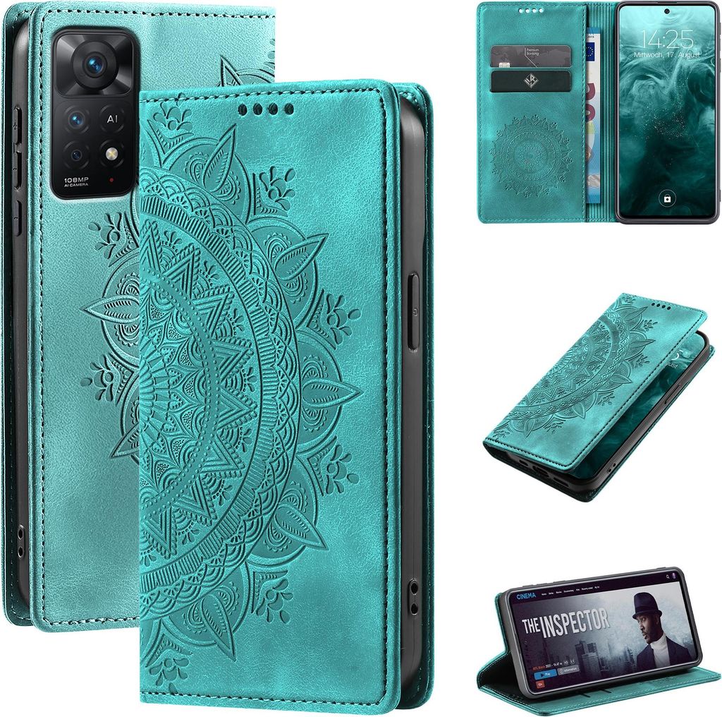 Mandala Handyhülle für Xiaomi Redmi Note 11 Pro RFID Schutz Klapphülle Case Cover Design Schutzhülle Farbe: Türkis