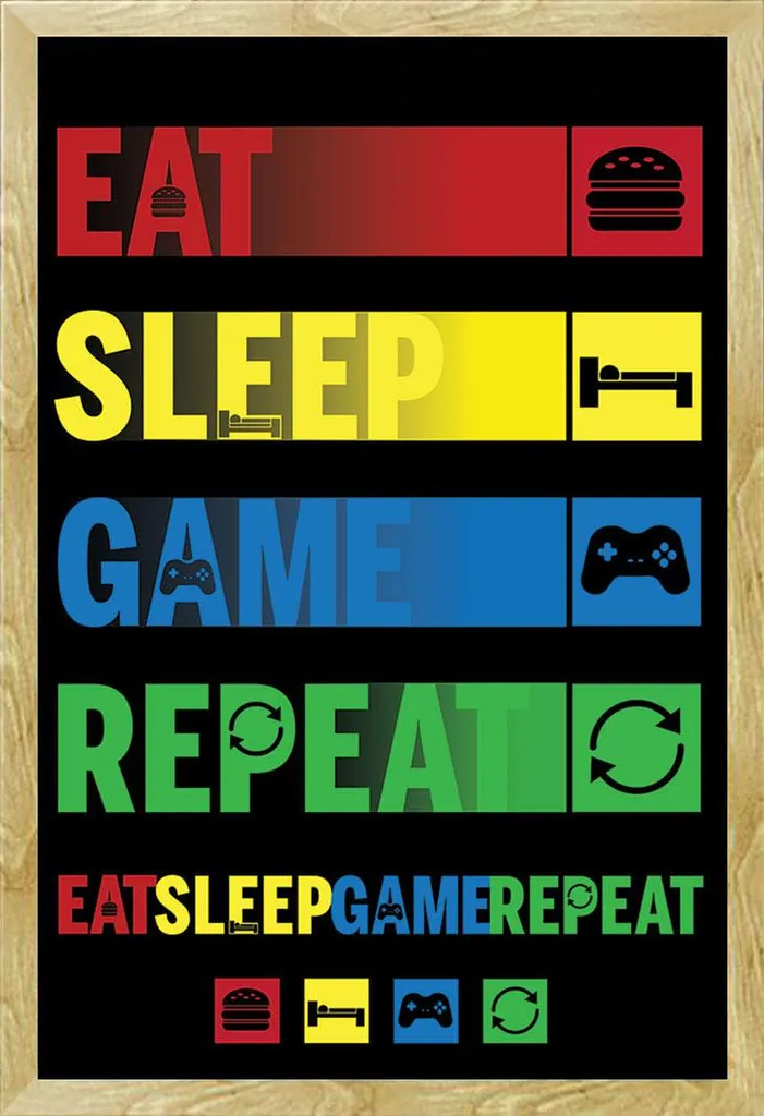 Quadro Gaming 61x91.5 cm Eat Sleep Game Repeat Cornice Faggio
