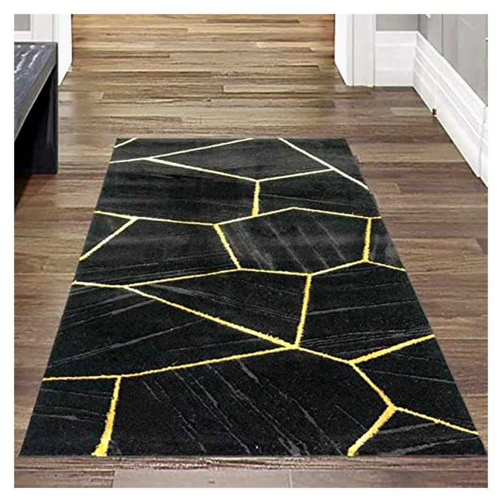 Teppichläufer für Flur und Diele | Bettvorleger | abstraktes geometrisches Muster in Schwarz und Gold, Größe 60x110 cm