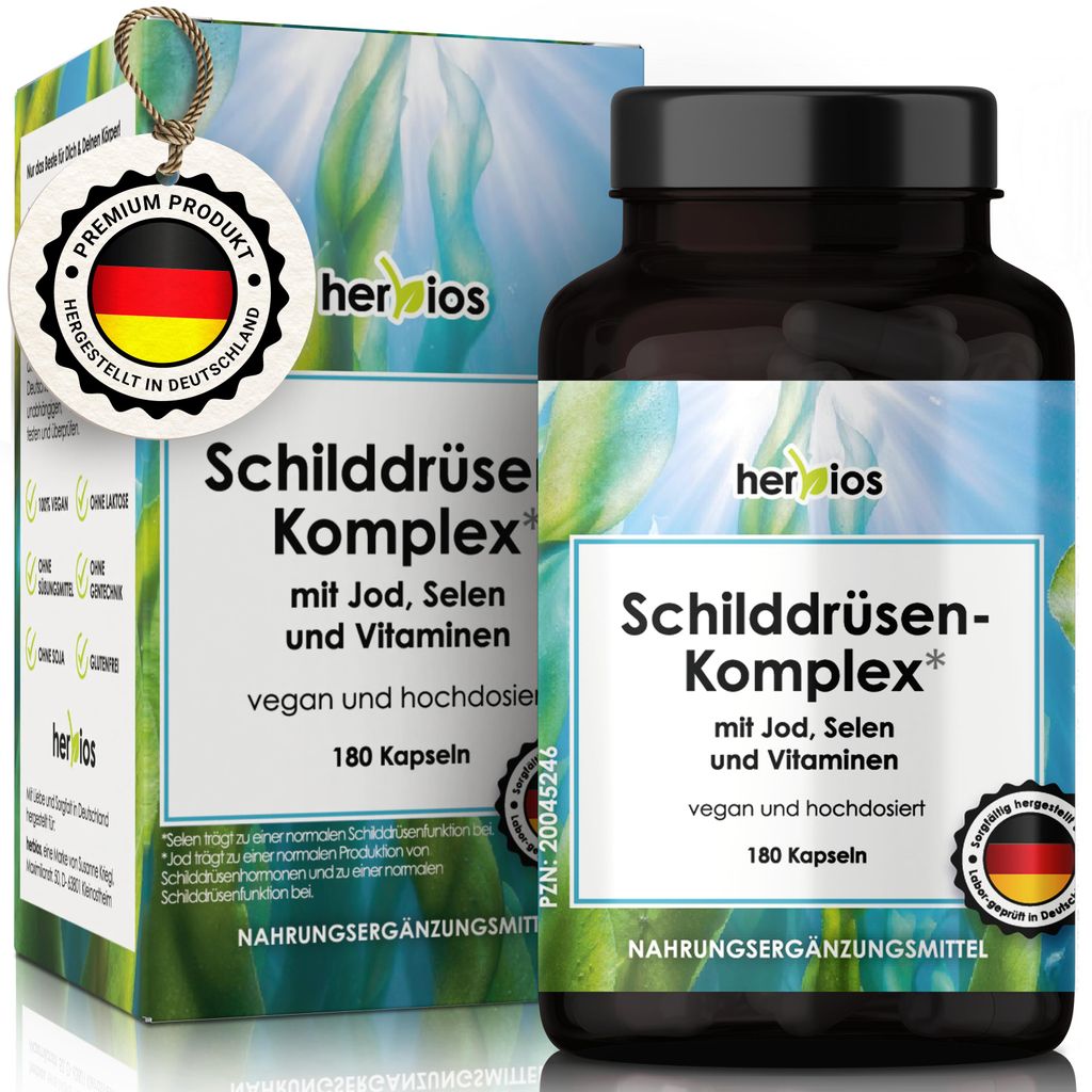 HERBIOS Schilddrüsen-Komplex - 180 Kapseln für 6 Monate - Jod Selen Komplex für die Schilddrüse - mit L-Tyrosin, Eisen, B-Vitamine & Folsäure