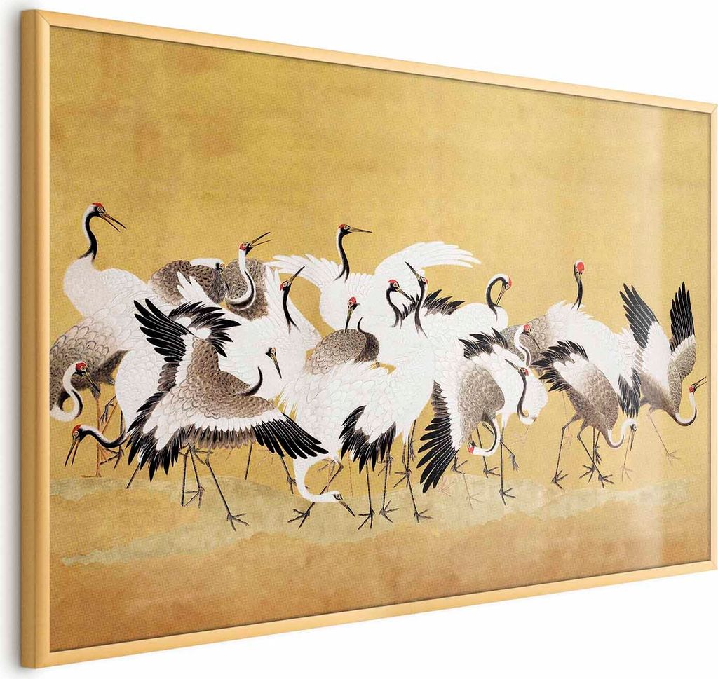Posterpapier Poster - Japanese Cranes - a flock of birds against a golden background based on the painting of Ishida Yūtei 90x60 cm Tiere b-G-1001...