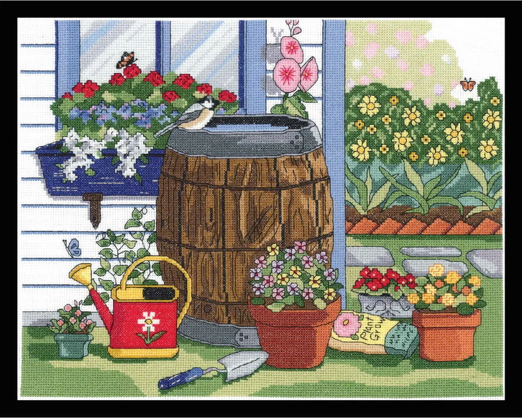 Kit broderie point de croix compté Janlynn Tonneau de pluie 36x28cm