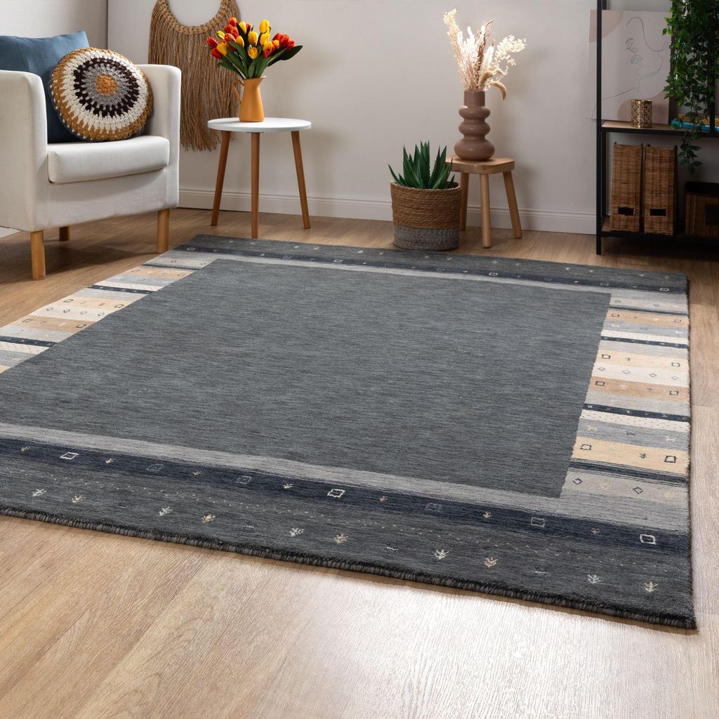Steffensmeier Gabbeh Teppich Zagros | Wolle, Bordüre Grau Beige, Größe: 70x140 cm Kurzflor Teppich für Wohnzimmer, Ethno Look