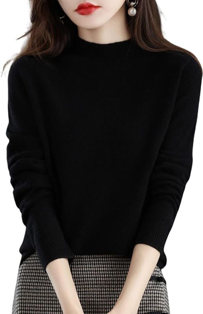 ASKSA Damen Leichter Pullover mit Stehkragen Langarm Strickpullover Pulli Sweatshirt Solid Weich Oberteile, Schwarz, 2XL