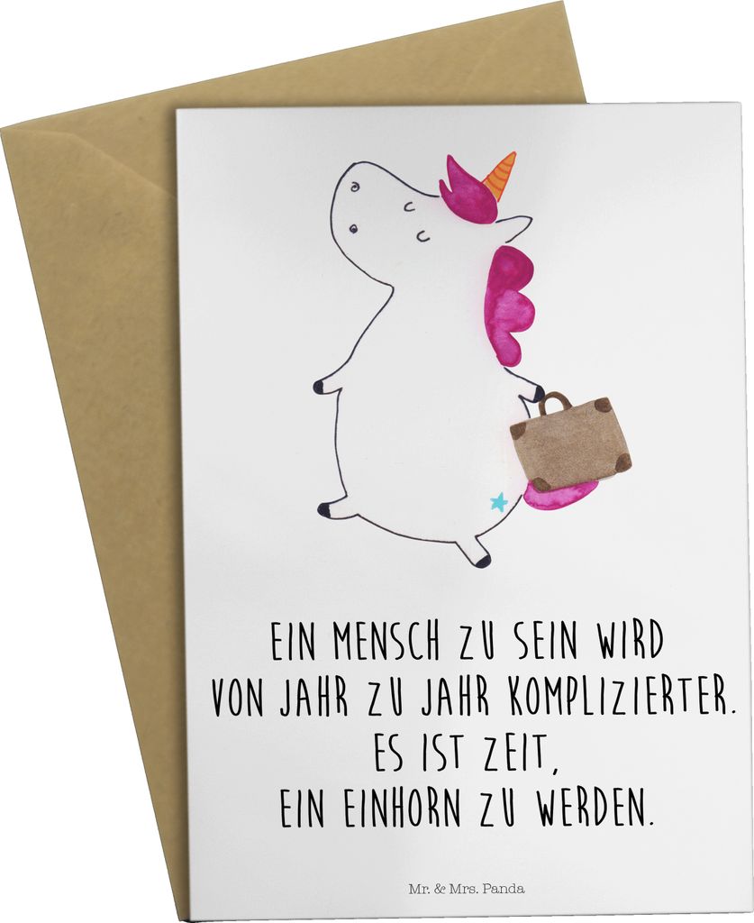 Mr. & Mrs. Panda Grußkarte Einhorn Koffer - Weiß - Geschenk, Einhörner, Reise, Lustig, Witzig, vatertagskarte, weihnachtskarten, Unicorn, einlad...