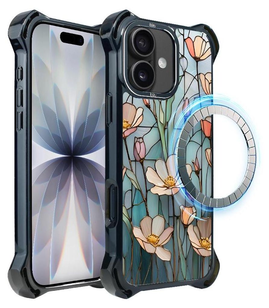 Schutzhülle für das iPhone 17, MagSafe-kompatibel, verstärkte Ecken, schwarz, Glasmalerei, Feldblumen