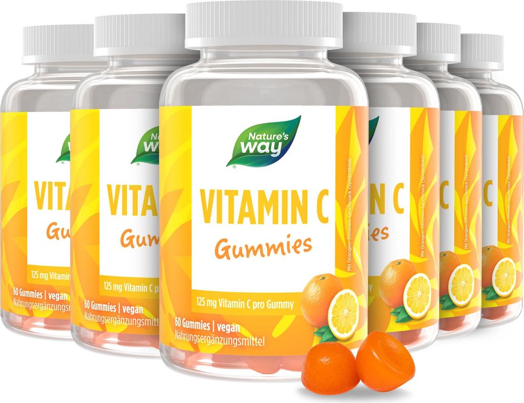 Vitamin C Gummibärchen I 125 mg hochdosiertes Vitamin C I Zitrus-Geschmack I vegan I 60 Stk – 6 Dosen