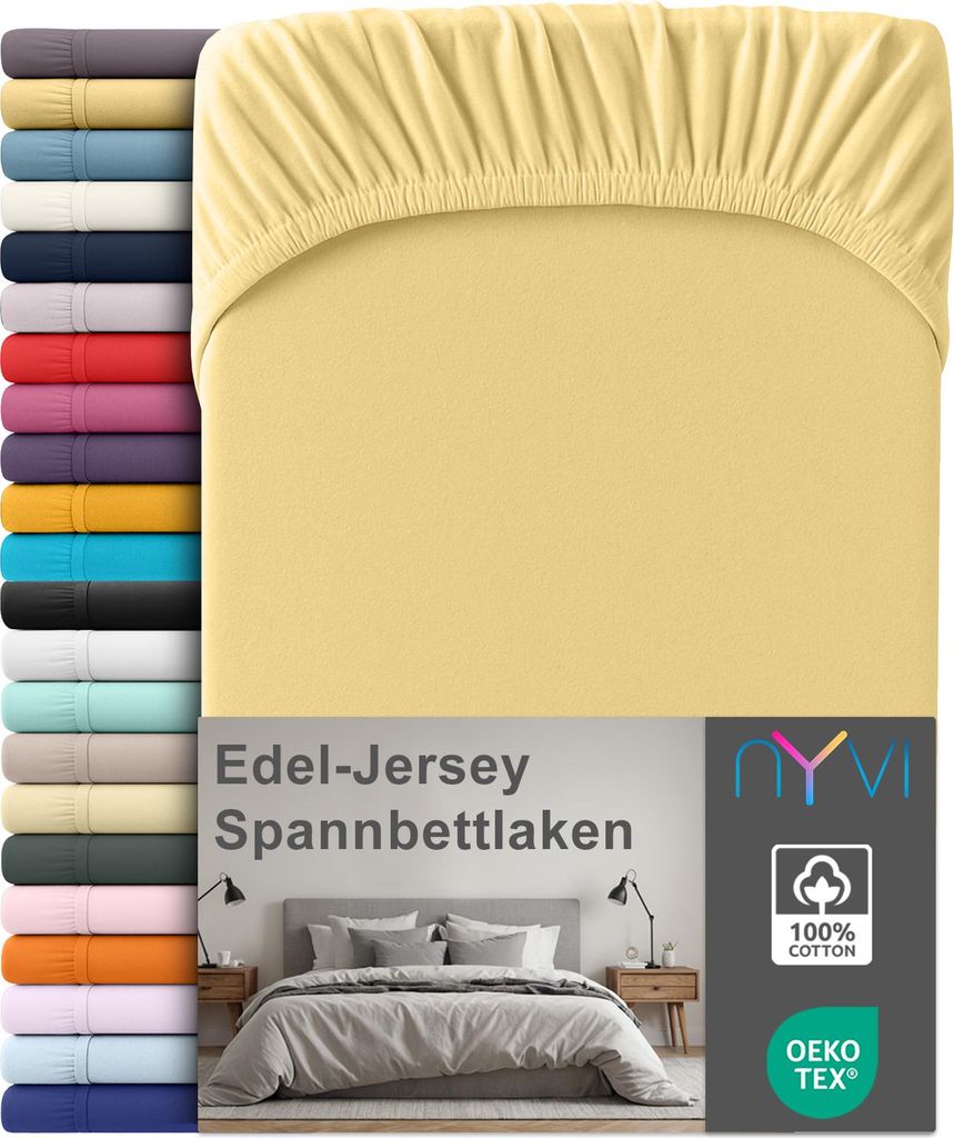 Edel Jersey Spannbettlaken Deluxe für Matratzen bis 25 cm Steghöhe - 100% Baumwolle supergekämmt, 140g/m², Rundumgummizug, Farbe:Gelb, Größe:...