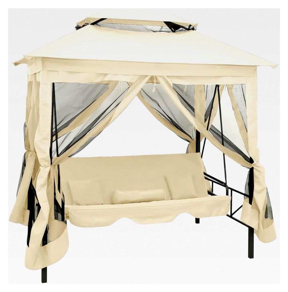 Pavillon Schaukelbank Cremeweiß umwandelbar mit Sonnendach und Vorhängen für Garten Balkon Terrasse für 2 Personen Relaxbett mit 4 Kissen einfa...