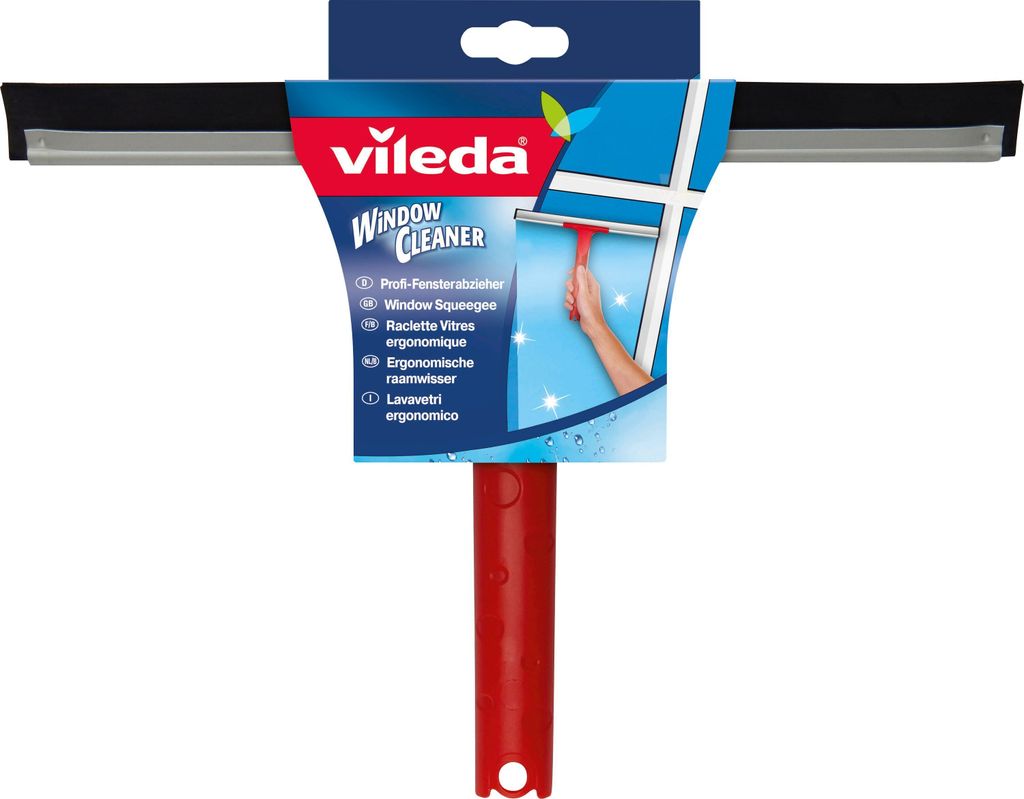 A Vileda window cleaner squeegee is presented in its packaging against a white background.