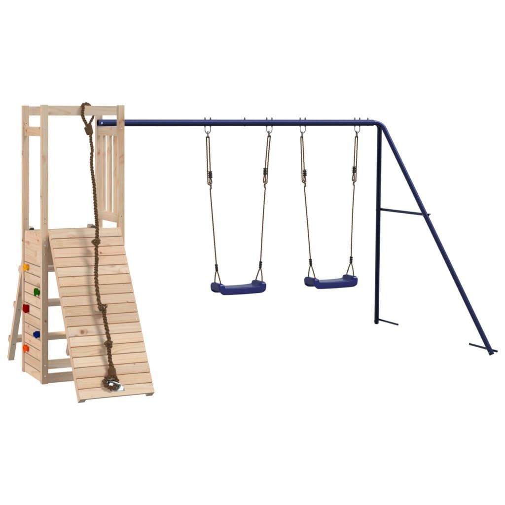 Spielturm Massivholz Kiefer mit Kletterwand, Doppelschaukel, Sandkasten, Plattform 90 cm, 308x184x169 cm