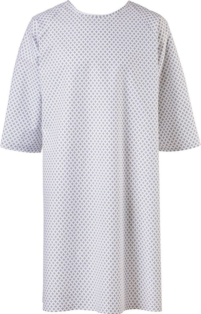 A white patient gown with a small gray diamond pattern, shown flat against a white background.