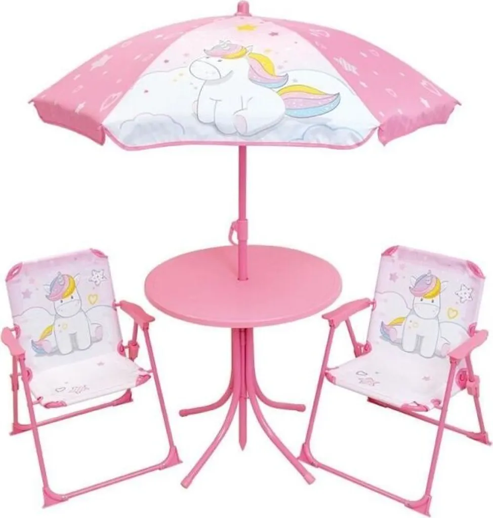 Mobilier de Jardin pour Enfant Licorne Ensemble Table Chaises et Parasol