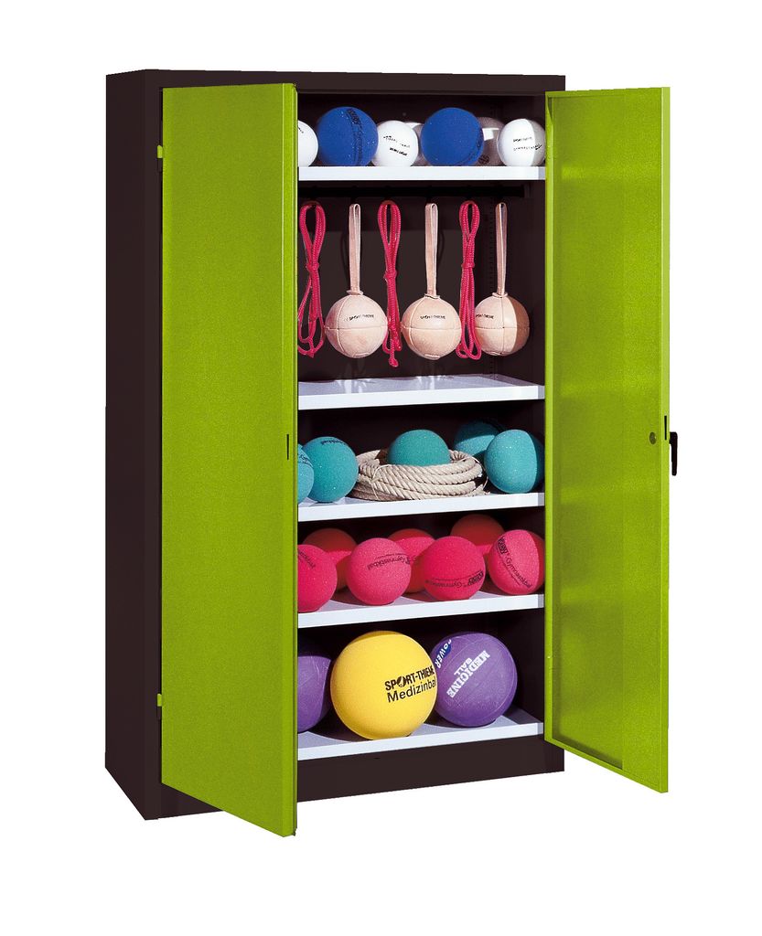 C+P Sportgeräteschrank mit Vollblech-Flügeltüren (Typ 2), HxBxT 195x120x50 cm, Ergo-Lock Muldengriff, Clowngrün (RAL 110 80 60), Anthrazit (RAL...
