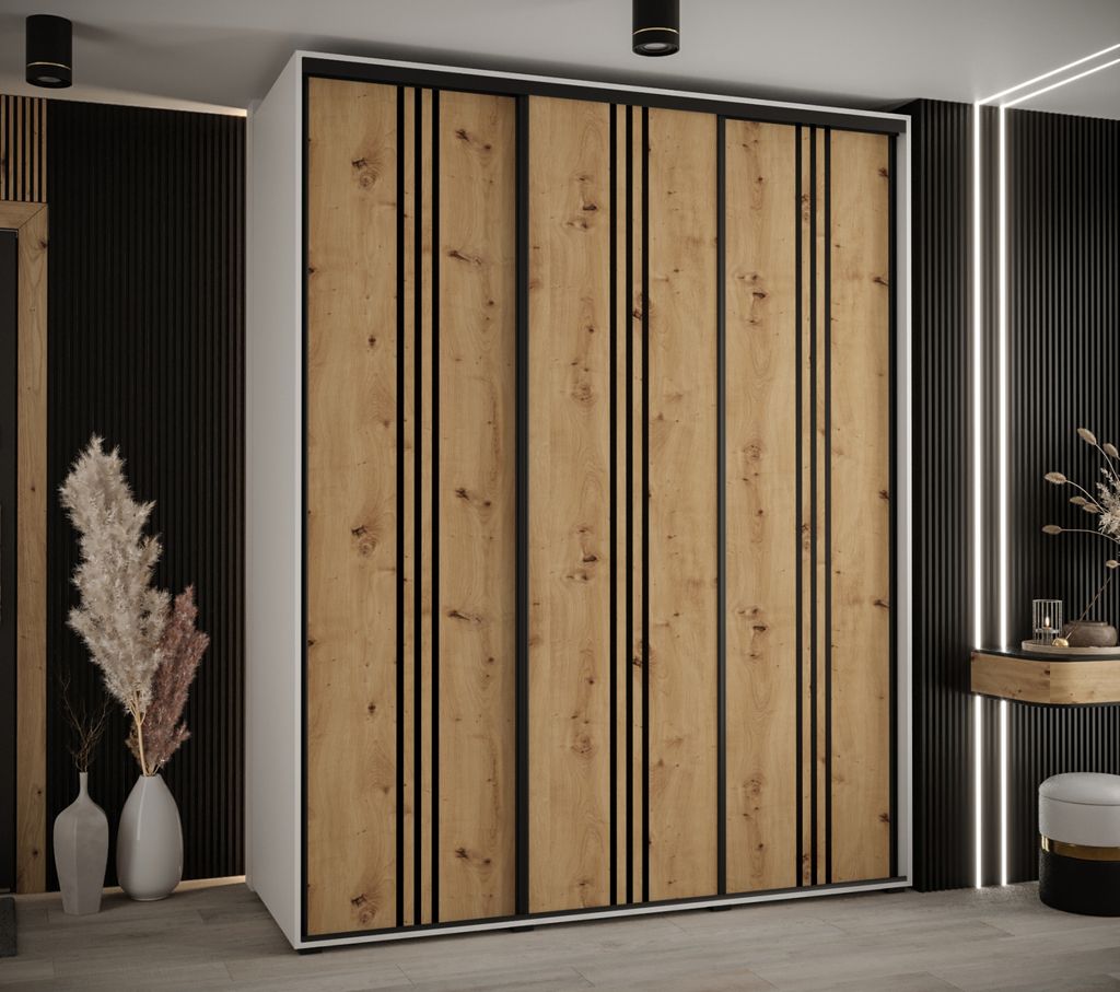 Kleiderschrank YVONA 6 – 190/60 cm, weiß/Eiche handwerklich/schwarz