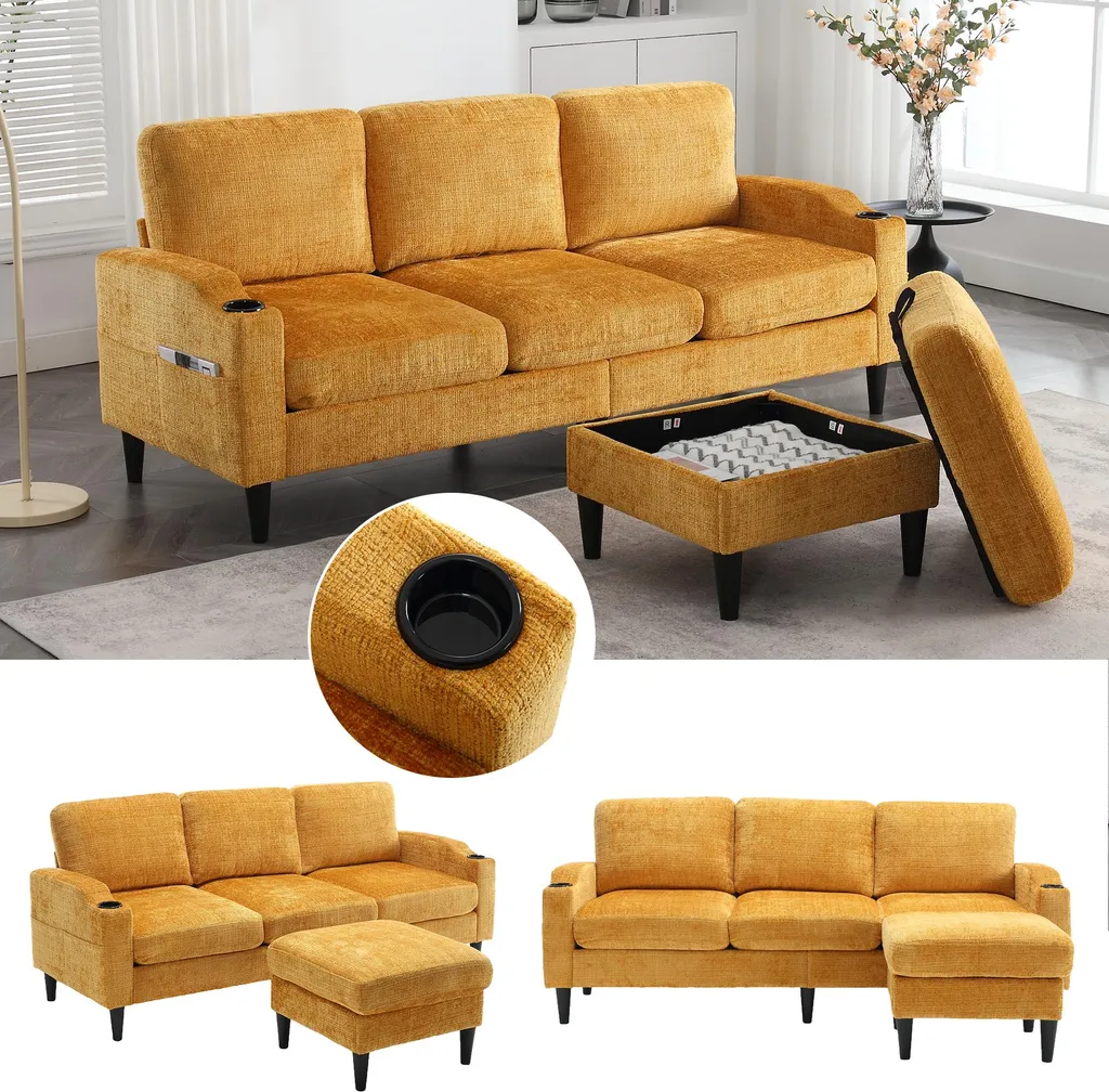Canapé d'angle 4 places avec pouf modulable et porte-gobelet en velours