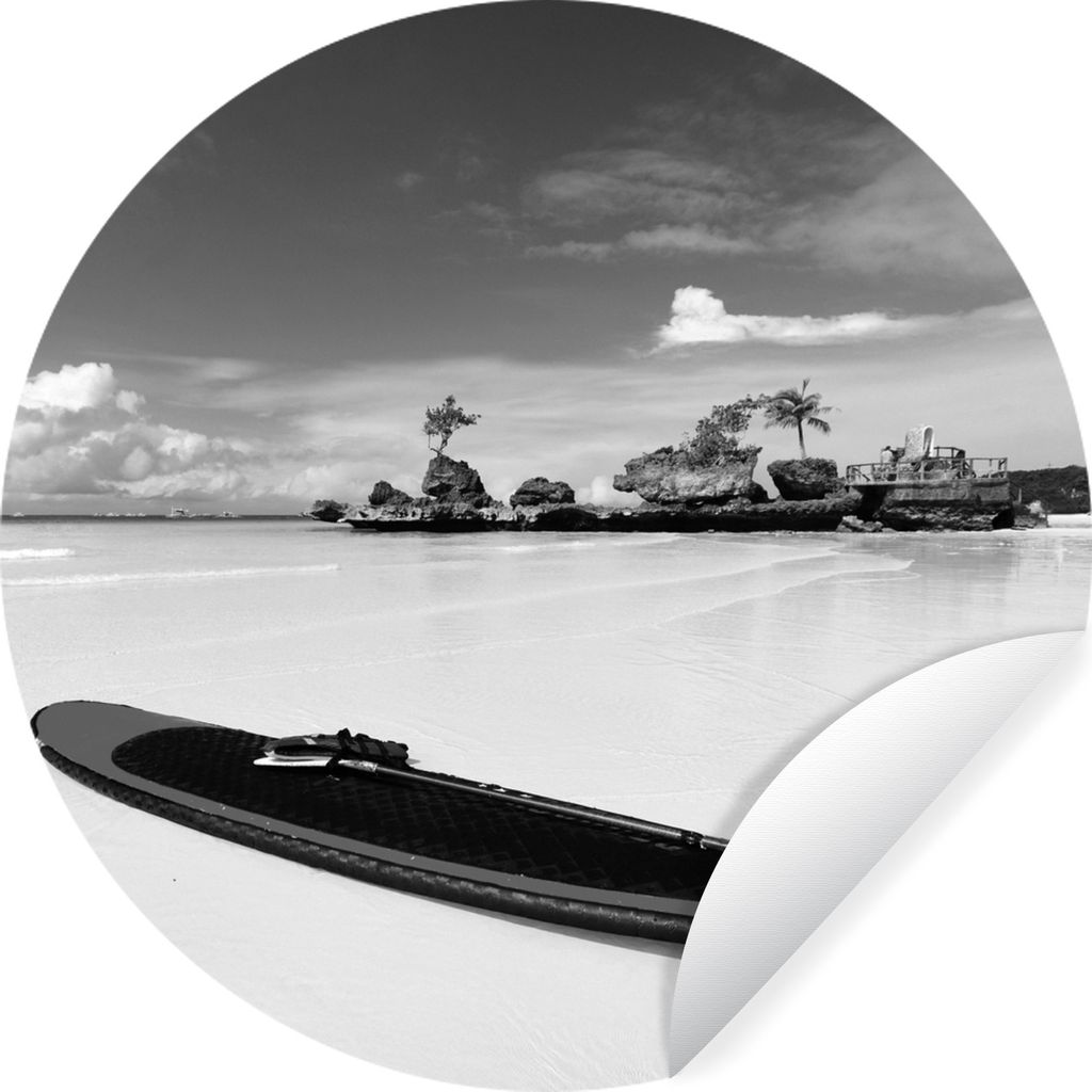 MuchoWow Runde Wandtattoo - Wandsticker Tapete Aufkleber Surfbrett am Strand von Boracay - schwarz und weiß Ø 50 cm Selbstklebend und Repositio...