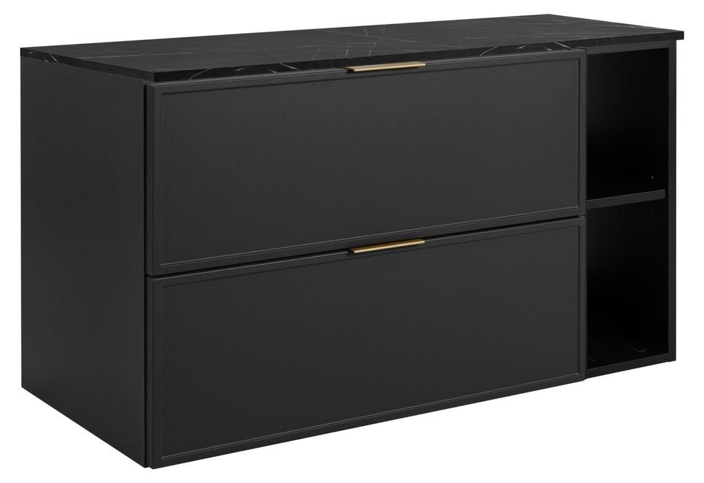 Badezimmerschrank, schwarz / schwarze Marmorarbeitsplatte (MDF), 100 (80+20) x 57 x 46 cm