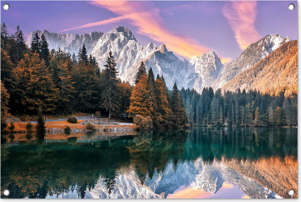 MuchoWow 90x60 cm Outdoor-Poster Gartendeko Sichtschutz Garten Poster für den Garten Berg - Wald - Wasser - Himmel - Rosa - Lila