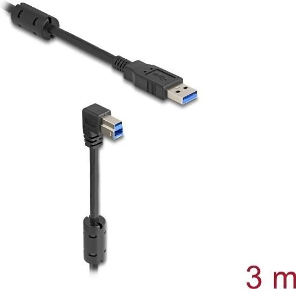 Cordon USB 3.0 A vers B mâle coudé 90° vers le bas 3m blindé noir