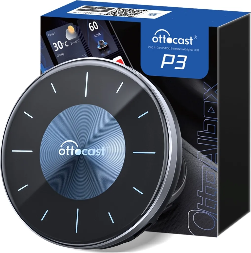 Ottocast P3 AI Box Android 12 - Adaptateur CarPlay et Android Auto Sans Fil