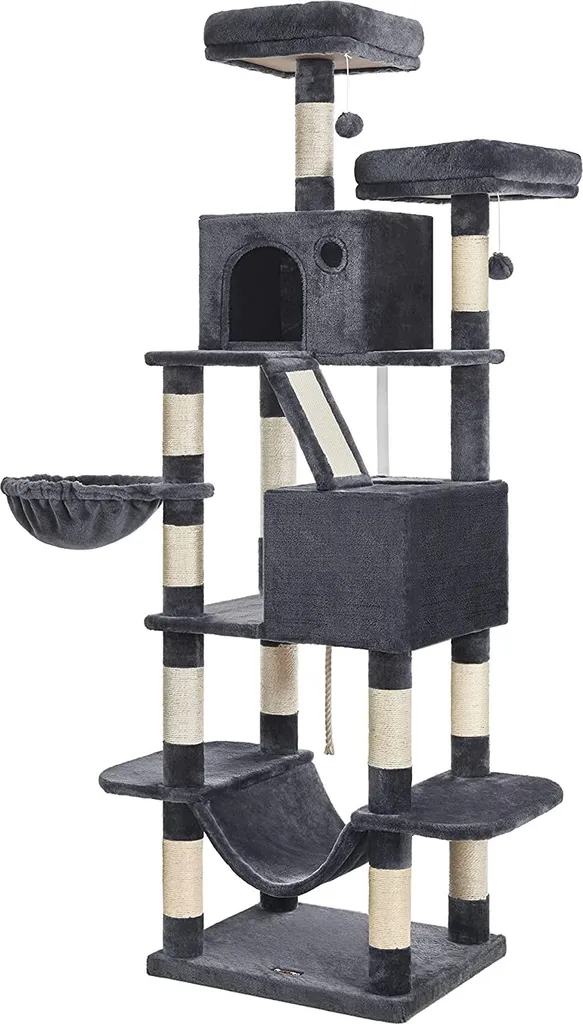 Arbre à chat géant 206 cm avec 2 grottes, panier suspendu et pompons
