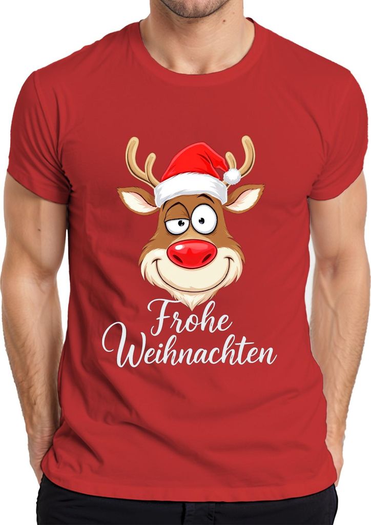 Frohe Weihnachten Rentier Rudolph Weihnachtsmütze Lustig Cartoon Herren T-Shirt, Rot, M
