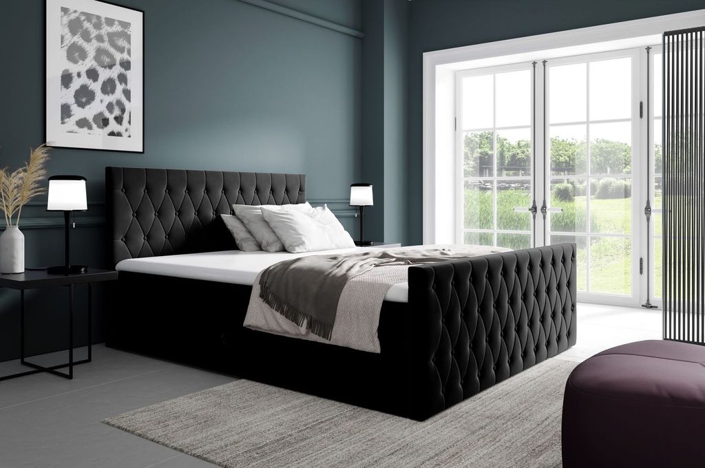 Kontinentales Bett 200x200 TEKLA mit Stauraum - schwarz + GRATIS Matratzenauflage