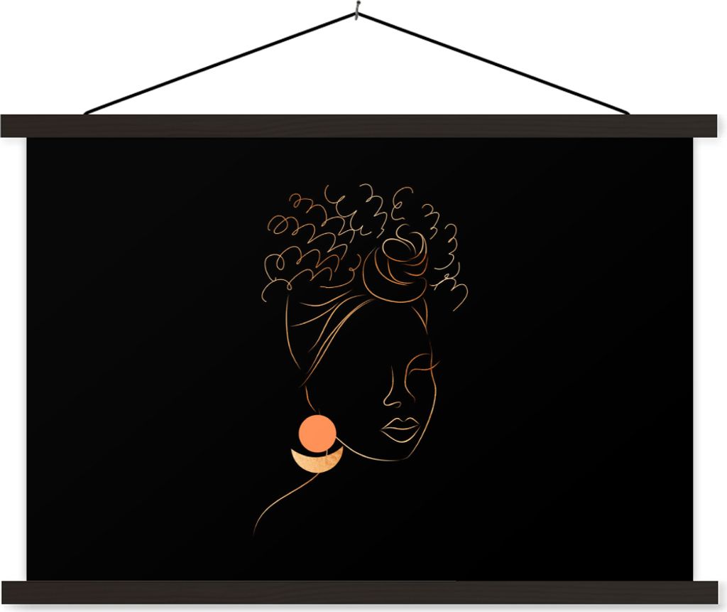 MuchoWow Textilposter Frau - Gold - Schwarz - Strichzeichnung 150x100 cm mit schwarzem Rahmen - Schlafzimmer