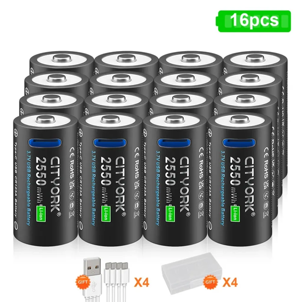 Batterie CR123A Lithium grande capacité avec port USB-C - Pack de 16 PCS